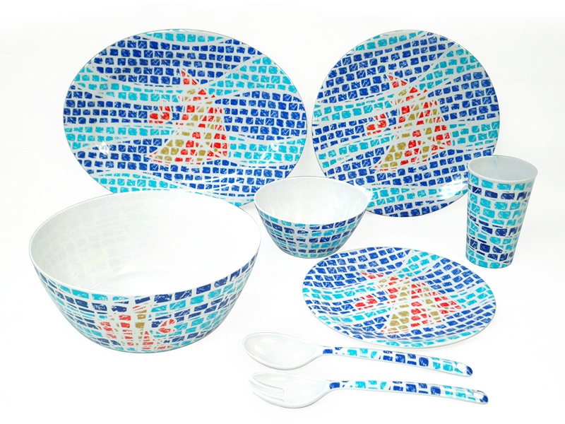 Mosaic Fish Design Melamine Plates, Serving Bowls, Tumblers