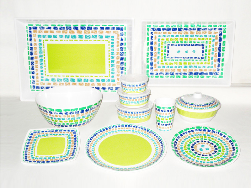 Green Mosaic Design Melamine Plates, Bowls