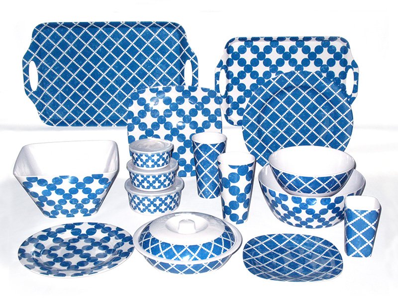 Blue Washed Dots Melamine Plates, Bowls with cover, Serving Trays