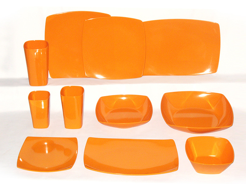 Solid Orange Color Melamine Square Plates, Bowls, Tumblers