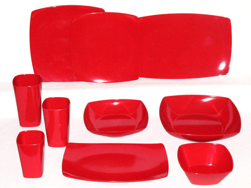 Solid Red Color Melamine Square Plates, Bowls, Tumblers