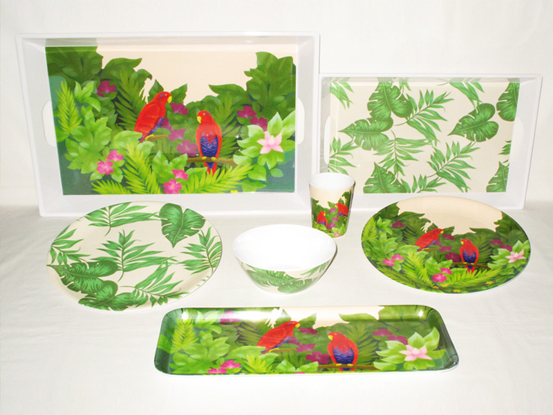 Tropical Parot Design Melamine Plates, Bowls, Trays