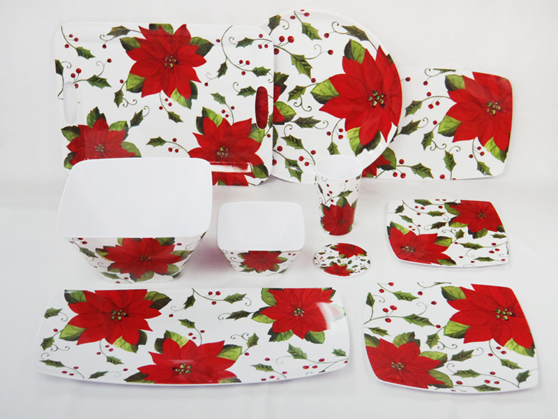 Poinsettia Design Melamine Square Plates, Bowls, Platters