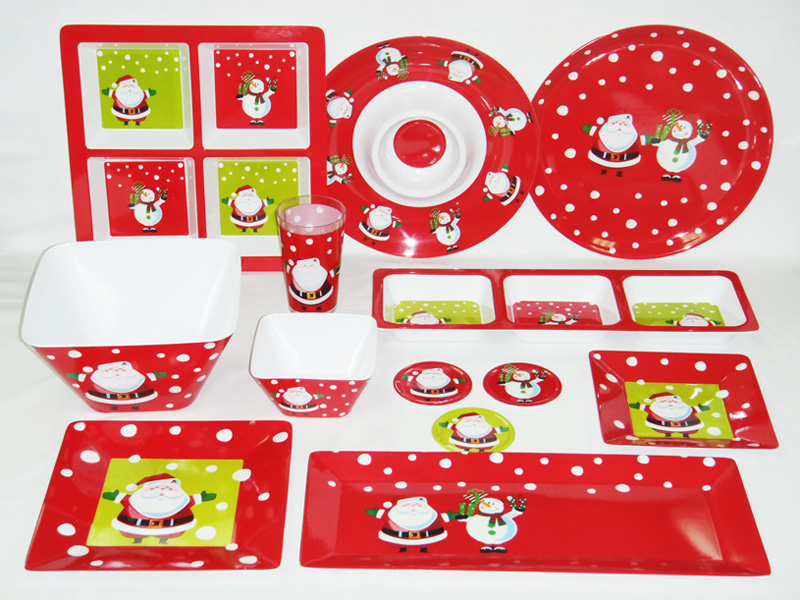 Santa & Snowman Design Melamine Square Plates, Bowls, Chips & Dips, Section Trays, Coasters